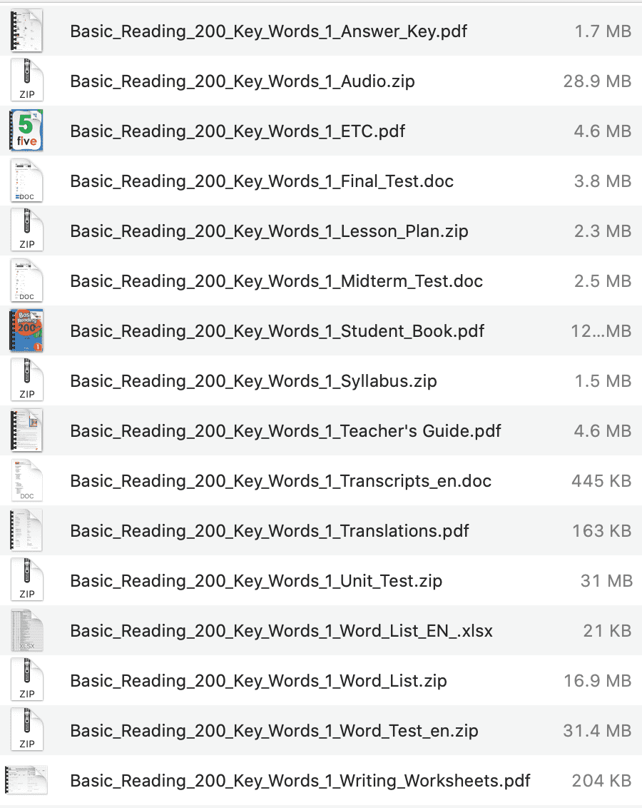 Basic Reading 200 Key Words 1 list